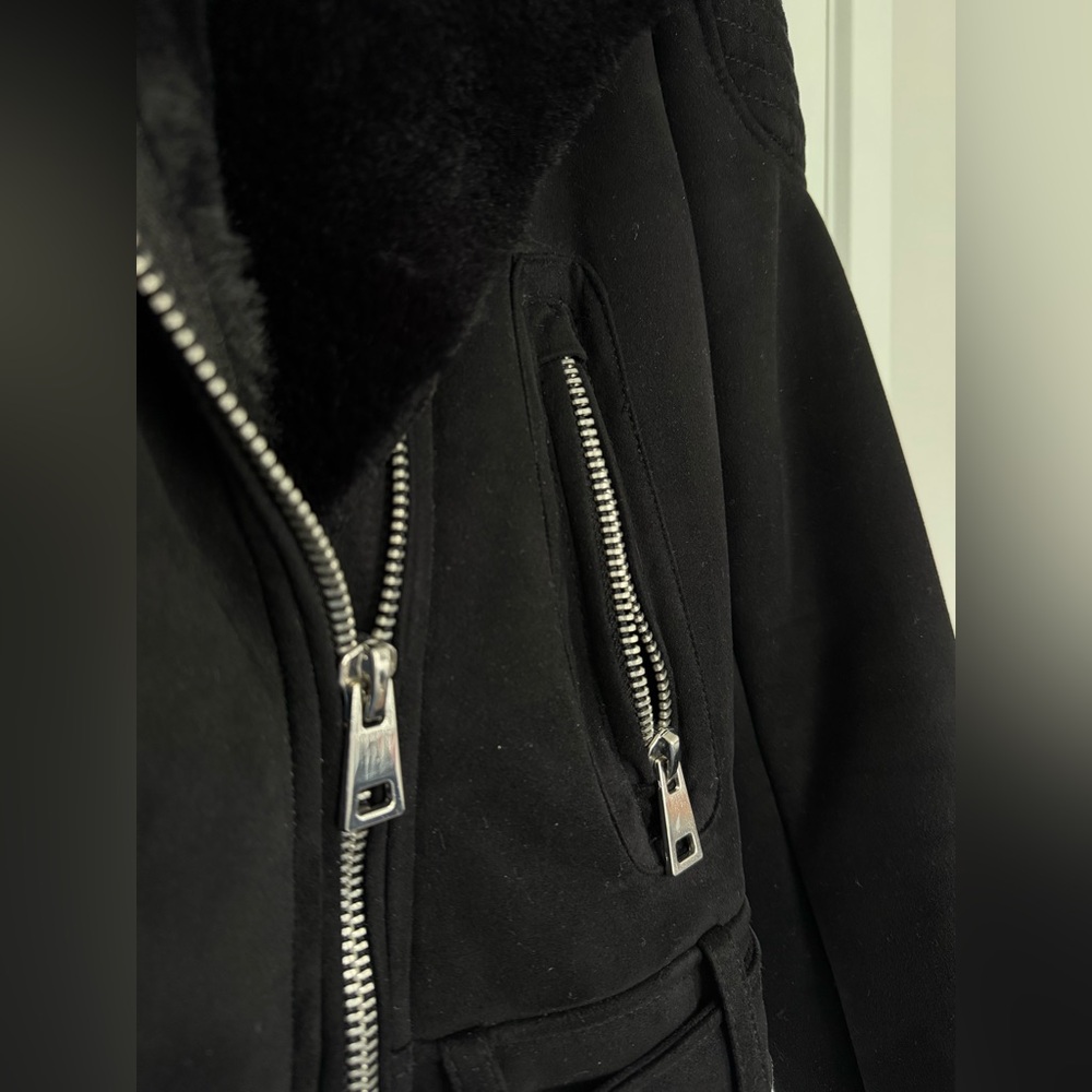 ZARA Motorcycle style jacket XS fur lined black suede - Picture 3 of 7